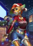  anthro christmas clothed clothing collar feline female hat holidays kuroame mammal outside santa_hat smile snow solo standing wide_hips 