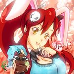  animal_ears blush_stickers boota breasts bunny_ears cleavage detached_collar hair_ornament happy_easter large_breasts long_hair lowres nekoi_echizen orange_eyes ponytail red_hair sidelocks skull_hair_ornament solo tengen_toppa_gurren_lagann wrist_cuffs yoko_littner 