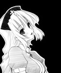  black_background blush greyscale hat lipstick long_hair makeup monochrome nurse_cap oohira_sunset parted_lips sidelocks simple_background solo touhou yagokoro_eirin 