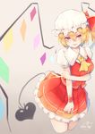  arm_grab ascot blonde_hair bow breast_hold breasts chita_(ketchup) cropped_legs crystal flandre_scarlet gradient gradient_background hair_between_eyes hat hat_bow hat_ribbon highres laevatein looking_at_viewer mob_cap parted_lips puffy_short_sleeves puffy_sleeves red_eyes ribbon short_sleeves side_ponytail signature skirt skirt_set solo touhou wings wrist_cuffs 