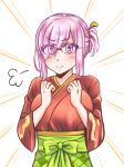  &gt;:) 1girl alternate_hairstyle breasts closed_mouth eyes_visible_through_hair fate/grand_order fate_(series) glasses hair_over_one_eye japanese_clothes kimono lavender_hair looking_at_viewer mabo-udon mash_kyrielight obi purple_eyes sash short_hair smile solo upper_body v-shaped_eyebrows 