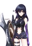  alternate_costume ass_visible_through_thighs bare_shoulders black_gloves black_hair breasts brown_eyes commentary_request cosplay elbow_gloves fate/grand_order fate_(series) gloves holding_shield kantai_collection large_breasts long_hair looking_at_viewer mash_kyrielight mash_kyrielight_(cosplay) mikage_takashi multicolored multicolored_clothes multicolored_gloves navel purple_gloves shield signature simple_background solo thigh_strap twitter_username ushio_(kantai_collection) white_background 