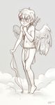  2017 380v_(artist) arrow black_and_white blush bow_(weapon) clothed clothing cloud cupid feathered_wings feathers humanoid loincloth male monochrome navel nipples not_furry quiver ranged_weapon simple_background solo standing topless weapon white_background wings 