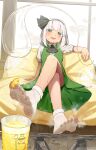  absurdres ascot black_ascot black_hairband crossed_legs feet food fruit green_skirt green_vest hairband highres konpaku_youmu konpaku_youmu_(ghost) legs lemon lemon_slice lemonade looking_at_viewer mixue shirt shoes short_hair sitting skirt smile socks soles squeezing sweat toes touhou unworn_shoes very_sweaty vest white_hair white_shirt white_socks yazato_ichimushi 