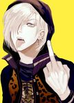  absurdres blue_eyes fangs hair_over_one_eye highres hood hood_up hoodie jacket male_focus middle_finger solo supocon tongue tongue_out white_hair yellow_background yuri!!!_on_ice yuri_plisetsky 