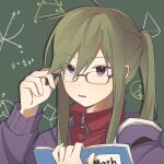  1girl adjusting_eyewear arrow_(symbol) bespectacled book brown-framed_eyewear chalkboard commentary cone_(geometry) glasses green_hair hair_between_eyes hand_up highres holding holding_book hood hood_down hoodie kagerou_project kido_tsubomi koyon long_hair long_sleeves looking_ahead math open_book open_mouth purple_eyes purple_hoodie semi-rimless_eyewear sidelocks solo symbol-only_commentary triangle tsurime upper_body zipper 