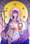  1girl astarone cape cross earrings fate/grand_order fate_(series) habit jewelry lantern long_hair looking_at_viewer purple_eyes purple_hair robe saint_martha solo staff 