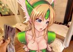  1girl blonde_hair blue_eyes blush breasts cleavage gloves hands helmet large_breasts long_hair low-tied_long_hair money out_of_frame pov pov_hands riesz seiken_densetsu seiken_densetsu_3 solo_focus very_long_hair winged_helmet 