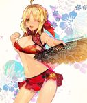  :d ahoge bikini blonde_hair breasts cleavage fan fate/extra fate_(series) floral_background folding_fan green_eyes hair_bun hair_ribbon large_breasts looking_at_viewer midriff navel nero_claudius_(fate) nero_claudius_(fate)_(all) one_eye_closed open_mouth red_bikini ribbon short_hair smile solo swimsuit vest weed_(astarone) 