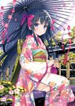  absurdres black_hair blue_eyes bow day eyebrows_visible_through_hair hair_bow highres holding holding_umbrella japanese_clothes kimono long_hair looking_at_viewer oriental_umbrella original outdoors red_bow sash sitting smile solo umbrella very_long_hair yukata yuuki_rika 