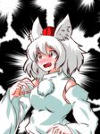  animal_ears bare_shoulders blush detached_sleeves fang hat inubashiri_momiji momiji5959 open_mouth pom_pom_(clothes) red_eyes short_hair silver_hair solo tokin_hat touhou wolf_ears 