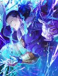  blue_eyes commentary electricity fate/grand_order fate_(series) gloves glowing glowing_eyes gradient_hair long_hair male_focus mechanical_arm mepo_(raven0) multicolored_hair nikola_tesla_(fate/grand_order) signature smirk solo twitter_username 