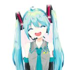  1girl aqua_hair detached_sleeves eyes_closed hatsune_miku headset mogi open_mouth past shirt sleeves smile twintails very_long_hair vocaloid white_background wrists 