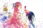  2017 ahoge animal bangs bare_shoulders bird birdcage blue_flower breasts bug butterfly cage chicken chinese_zodiac commentary detached_collar earrings feathers flower from_side gloves hair_flower hair_ornament happy_new_year insect jewelry kinokohime large_breasts long_hair looking_at_another new_year original parted_lips petals red_hair rooster sitting smile solo very_long_hair white_background white_gloves year_of_the_rooster yellow_eyes 