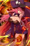  armpits bare_shoulders black_sclera blazblue blazblue:_central_fiction breasts cape cleavage gloves hair_over_one_eye hat highres konoe_a_mercury large_breasts long_hair pink_hair red_hair solo thighhighs tomo_(tomorag7) witch_hat yellow_eyes 