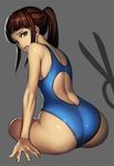  ass bangs blue_swimsuit blunt_bangs competition_swimsuit from_behind green_eyes grey_background k2shh long_hair looking_at_viewer looking_back miyamoto_ruri nisekoi one-piece_swimsuit ponytail scissors solo swimsuit 