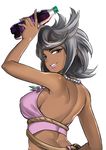  armpits bare_arms bare_shoulders bead_bracelet beads blue_eyes bottle bracelet breasts commentary_request dark_skin from_behind grey_hair jewelry kaorihero large_breasts looking_at_viewer looking_back lychee_(pokemon) parted_lips pokemon pokemon_(game) pokemon_sm short_hair sideboob smile solo upper_body wavy_hair 