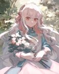 1girl absurdres apron backlighting blue_dress bouquet bush commentary dress eyelashes flower frown hairband highres holding holding_bouquet kagerou_project kozakura_marry lemontea long_sleeves looking_at_viewer outdoors pink_hairband red_eyes sidelocks solo white_apron white_flower white_hair 
