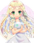  absurdres blonde_hair braid character_name dress egg green_eyes highres holding holding_egg lillie_(pokemon) long_hair pink15x pokemon pokemon_(anime) pokemon_sm_(anime) sleeveless sleeveless_dress smile solo twin_braids white_dress 