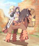  bad_id bad_twitter_id black_footwear black_hair blonde_hair bonnet boots brick_wall closed_eyes cloud dark_skin day gen_7_pokemon gloves green_eyes gumshoos hapu'u_(pokemon) horseback_riding island_kahuna jumpsuit lillie_(pokemon) long_hair mei_(maysroom) mudsdale multiple_girls multiple_riders open_mouth pokemon pokemon_(creature) pokemon_(game) pokemon_sm ponytail riding short_sleeves skirt sky smile spoilers thick_eyebrows white_skirt 