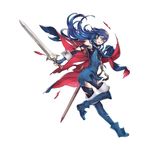  armpits ass blue_eyes blue_hair breasts cape falchion_(fire_emblem) fingerless_gloves fire_emblem fire_emblem:_kakusei fire_emblem_heroes full_body gloves hairband long_hair lucina maiponpon official_art scabbard sheath shoes small_breasts solo sword thighhighs tiara torn_clothes weapon wrist_cuffs 