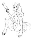  anthro armello breasts clothing cute_fangs ear_piercing female gloves grin guoh hood mammal monochrome mostly_nude nipples piercing pussy rat rodent saw sitting small_breasts solo spread_legs spreading tools 