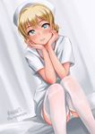  bangs blonde_hair blue_eyes blush braid chin_rest darjeeling dress elbows_on_knees girls_und_panzer haruhata_mutsuki hat head_rest legs looking_at_viewer nurse nurse_cap panties pantyshot pantyshot_(sitting) parted_lips short_sleeves sitting skirt solo swept_bangs thighhighs underwear upskirt white_dress white_legwear white_panties 