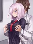  1girl between_breasts breast_grab breast_press breasts commentary_request eyes_visible_through_hair fate/grand_order fate_(series) fujimaru_ritsuka_(male) grabbing groping hair_over_one_eye large_breasts mash_kyrielight necktie necktie_between_breasts purple_eyes purple_hair sengoku_aky short_hair solo_focus 