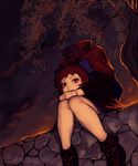  bow cape covered_mouth disembodied_head gengoroumaru_(ambidextrous) hair_bow high_collar long_sleeves looking_at_viewer monster_girl nukekubi red_eyes red_hair sekibanki short_hair sitting skirt solo touhou tree twitter_username 
