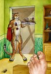  4_toes anthro balls brown_eyes cheetah detailed_background digitigrade feline fur holding_object male mammal natoli nude smile spots spotted_fur standing toes traditional_media_(artwork) 