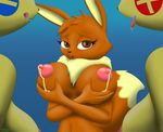  2017 anthro anthrofied big_breasts breasts brown_eyes brown_fur chameloshi eevee erect_nipples female fur gradient_background group holding_breast lactating milk minun nintendo nipples open_mouth plusle pok&eacute;mon saliva simple_background smile tan_fur tongue tongue_out video_games 