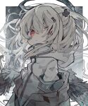  1girl absurdres armband bandage_on_cheek bandage_on_face bandages feathered_wings hair_over_one_eye halo highres jacket low_wings original red_eyes solo soresaki white_hair wings 