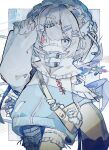  1girl absurdres bag bandaid bandaid_on_face bandaid_on_hand bandaid_on_nose blue_nails cross eyepatch fish_bone_hair_ornament highres jacket nail_polish original outside_border pill red_cross satchel solo soresaki syringe 