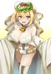  :d ahoge bangs bare_shoulders belt between_breasts blonde_hair blush breasts bridal_veil chain cleavage cowboy_shot detached_collar detached_sleeves eyebrows_visible_through_hair fate/extra fate/extra_ccc fate/grand_order fate_(series) gradient gradient_background green_eyes groin hair_between_eyes hair_intakes happy highleg highleg_leotard highres katagiri_(giri_77) large_breasts laurel_crown leotard lock looking_at_viewer loose_belt nero_claudius_(bride)_(fate) nero_claudius_(fate)_(all) open_mouth outstretched_arms padlock puffy_detached_sleeves puffy_sleeves showgirl_skirt sideboob sidelocks skirt smile solo standing strapless strapless_leotard thighhighs tied_hair veil white_background white_legwear white_leotard white_skirt white_sleeves wide_sleeves yellow_background zipper zipper_pull_tab 