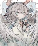  1girl absurdres black_ribbon blue_eyes closed_mouth feathered_wings flower hair_ornament hairclip highres holding holding_flower jewelry neck_ribbon original ribbon ring solo soresaki wings 