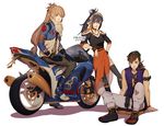  2boys armband artist_name black_gloves black_hair boots contemporary darkgreyclouds fire_emblem fire_emblem_if gloves ground_vehicle hat hinata_(fire_emblem_if) jewelry light_brown_eyes light_brown_hair long_hair motor_vehicle motorcycle multiple_boys oboro_(fire_emblem_if) orange_skirt ponytail ring sitting skirt sleeveless smile takumi_(fire_emblem_if) 