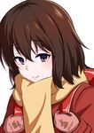  backpack bag bangs boku_dake_ga_inai_machi brown_eyes brown_hair closed_mouth coat eyebrows_visible_through_hair hair_between_eyes hinazuki_kayo huyumitsu long_sleeves looking_at_viewer mittens randoseru red_coat scarf short_hair simple_background smile solo upper_body white_background winter_clothes yellow_scarf 