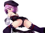  ass back bare_shoulders beret black_panties blush boots detached_sleeves fate/grand_order fate_(series) hat helena_blavatsky_(fate/grand_order) highres looking_at_viewer looking_back panties purple_eyes purple_hair purple_legwear shimejinameko short_hair simple_background solo thighhighs underwear white_background white_sleeves 