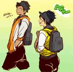  backpack bag bandaid bandaid_on_face black_hair brown_eyes brown_hair dark_skin dark_skinned_male dual_persona gradient gradient_background green_eyes hands_in_pockets hood hoodie male_focus male_protagonist_(pokemon_go) multiple_boys pokemon pokemon_go simple_background smile twitter_username visor_cap walking watari_yuu_(haskey) 