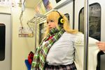  1girl asian blonde_hair bra breasts cleavage cosplay fat female headphones hoshima_mika huge_breasts large_breasts photo solo super_pochaco super_pochaco_(cosplay) 