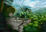  2015 day detailed_background dragon feral green_skin horn natoli nude outside rock smile solo standing traditional_media_(artwork) wings 