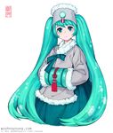  2015 alternate_costume aqua_eyes aqua_hair artist_name ayam_hat bangs blush bow closed_mouth cropped_torso fur-trimmed_hat fur-trimmed_jacket fur_trim green_bow grey_jacket hanbok hat hatsune_miku head_tilt jacket korean_clothes long_hair long_sleeves looking_at_viewer muff_(clothing) nayoung_wooh red_string simple_background smile snowflake_print snowflakes solo string tassel traditional_clothes twintails very_long_hair vocaloid watermark web_address white_background yuki_miku 