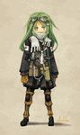  alternate_costume asterisk_kome covered_mouth crescent crescent_hair_ornament full_body gloves goggles goggles_on_head green_eyes green_hair gun hair_ornament holster japanese_flag kantai_collection long_hair long_sleeves nagatsuki_(kantai_collection) pleated_skirt scarf skirt solo standing twitter_username weapon 