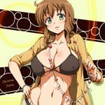  belt bikini_top bracelet breasts brown_hair character_name christina_sierra cleavage coat covered_nipples green_eyes gundam gundam_00 hand_on_hip jewelry large_breasts long_hair looking_at_viewer navel necklace runaru smile solo tooth_necklace wavy_hair 
