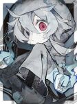  1girl bandage_on_cheek bandage_on_face bandages blue_eyes highres hitodama hood looking_at_viewer looking_back open_mouth original red_eyes sleeves_past_fingers sleeves_past_wrists solo soresaki 