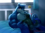  &lt;3 2016 abs anthro bed biceps black_claws black_fur black_nose blue_fur blush butt canine claws cuddling duo eyes_closed fangs fur hair larger_male looking_down male male/male mammal muscular muscular_male nipples nude on_bed pecs primodrago signature size_difference smaller_male white_fur 