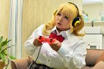  1girl asian blonde_hair bra breasts cleavage cosplay fat female headphones hoshima_mika huge_breasts large_breasts photo solo super_pochaco super_pochaco_(cosplay) 