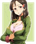  blush breasts brown_eyes brown_hair cleavage gundam gundam_lost_war_chronicles hair_ornament hairclip headset large_breasts military military_uniform open_clothes parted_lips runaru short_hair solo uniform unzipped yuki_nakasato 