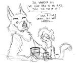  2017 anthro beverage blush canine clothed clothing dialogue digital_media_(artwork) disney duo english_text fan_character flirting fur grivaire hair larger_anthro larger_male male mammal martina_(weaver) nervous pack_street simple_background size_difference sketch spanking text white_background wolf zootopia 