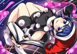  blob blue_eyes blue_hair blush book commentary_request doremy_sweet dream_soul dress full_body gradient gradient_background hat hitotsuki_nebura looking_at_viewer nightcap open_book open_mouth short_hair short_sleeves smile socks solo touhou upside-down white_legwear 